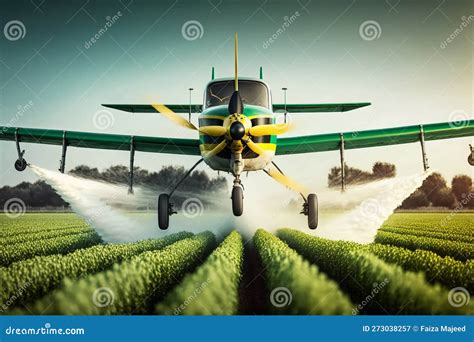 Green Crop Duster Airplane Aerially Applies Pesticide Spraying On Field