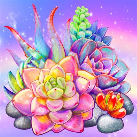 An Artistic Painting Of Succulents And Rocks On A Purple Background