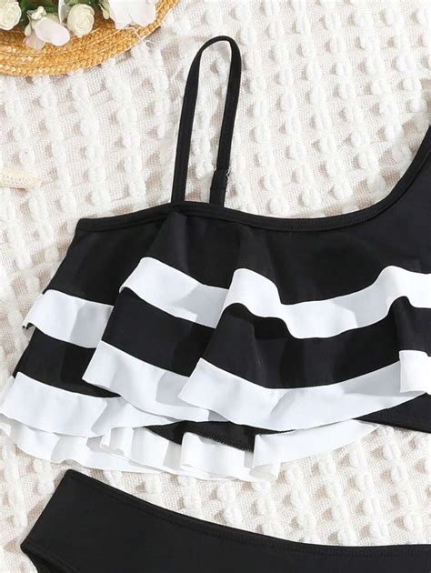 Tween Girl Summer Beach Striped Ruffle Trim Asymmetrical Shoulder Bikini Set SHEIN USA