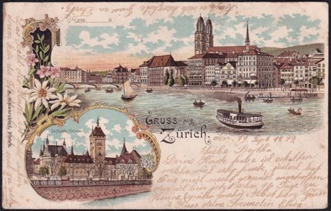 Schweiz Lithographie 1899 Gruss aus Zürich Briefmarken