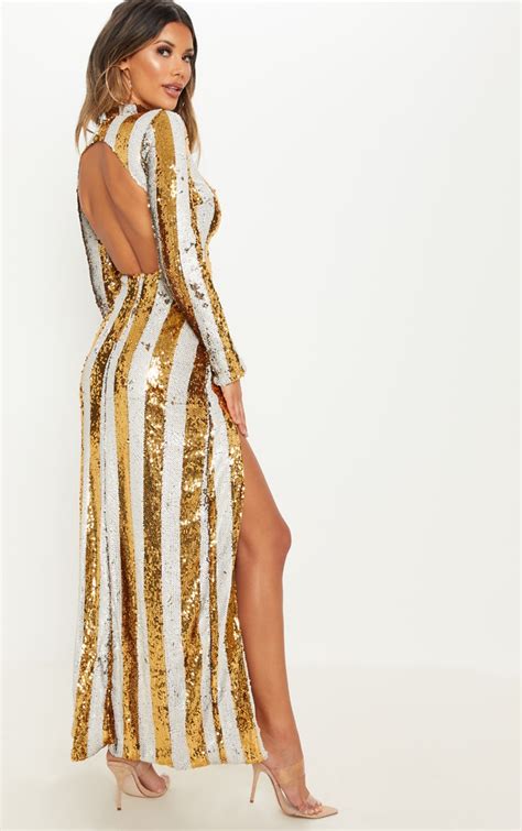 Gold Stripe Sequin Backless Maxi Dress Prettylittlething Aus