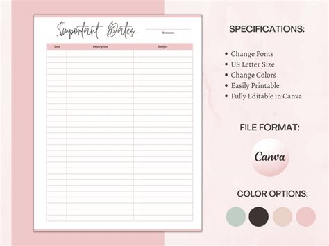 Important Dates Template Event Tracker Editable Fillable Etsy