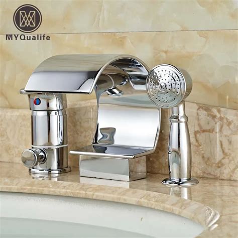 Luxury Wide Waterfall Spout Bathtub Faucet Deck Mount 3pcs Tub Mixer