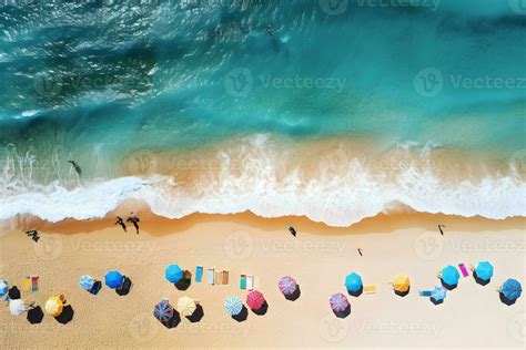 Top view high angle view of tropical beach with beach bed and umbrella on sandy beach background ...