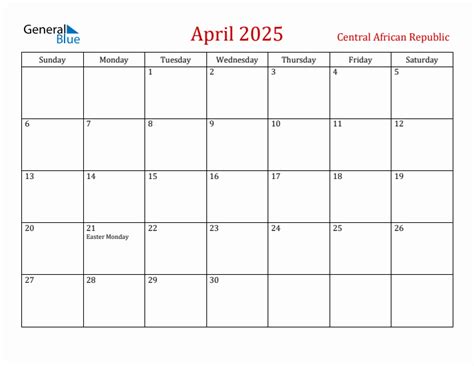 April 2025 Central African Republic Monthly Calendar with Holidays