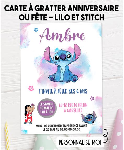 Carte d invitation fête ou anniversaire à gratter Lilo et Stitch