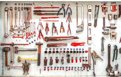 Set Collection Of Professional Mechanic Tools Hanging As Background