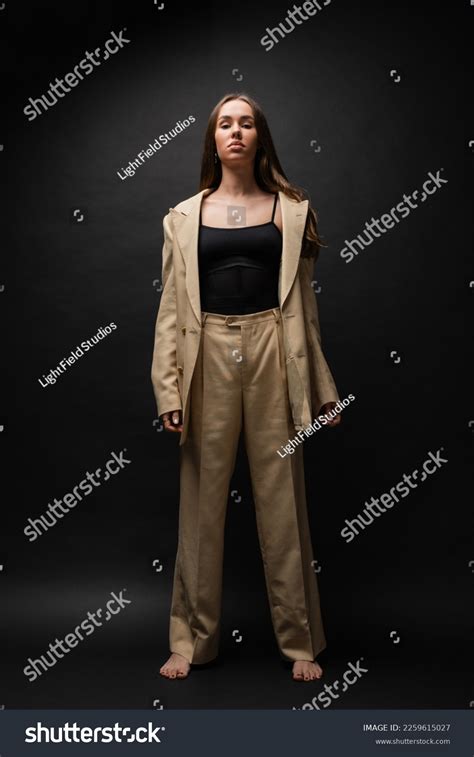 Full Length Barefoot Brunette Woman Beige Stock Photo 2259615027 Shutterstock