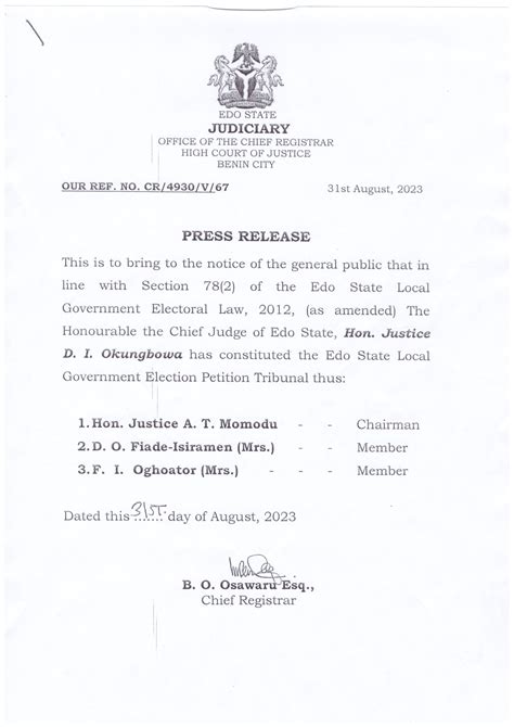 PRESS RELEASE EDO STATE LOCAL GOVERNMENT ELECTION PETITION TRIBUNAL