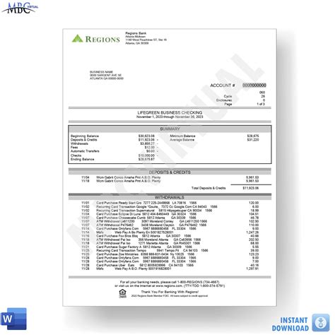 New 2023 Regions Bank Statement Template Lifegreen Business Checking