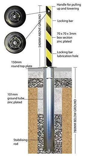 Security posts for driveways. Drop-down, hinged & pull-up