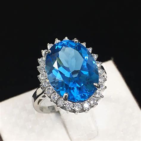 Natural Blue Topaz Stone Ring Real 925 Sterling Silver Rings Platinum