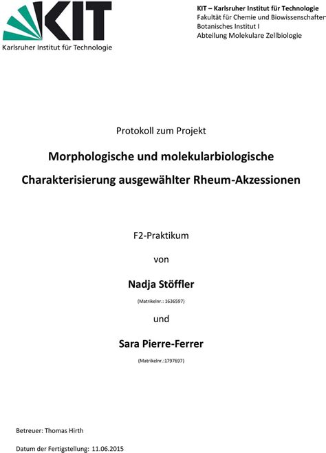 Morphologische Und Molekularbiologische Charakterisierung Ausgew Hlter