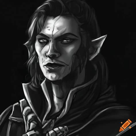 Black And White Sketch Of A Male Half Elf Dungeons And Dragons Rogue