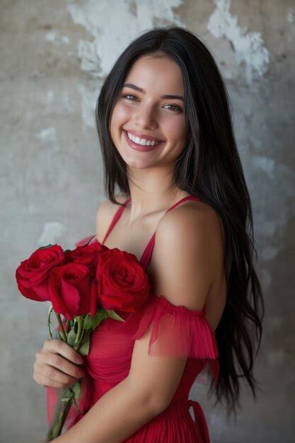 Premium Photo Beautiful Brunette With Long Black Hair Wearing A Red Dress With Red Roses