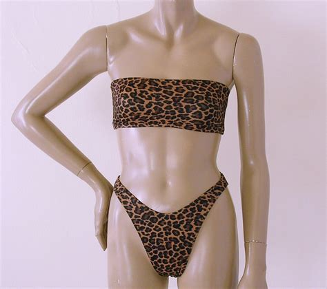 S S High Leg Brazilian Bikini Bottom And Strapless Bandeau Top In Brown Leopard Print Etsy