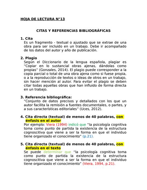 Citas Textuales Y Referencia HOJA DE LECTURA N CITAS Y REFERENCIAS