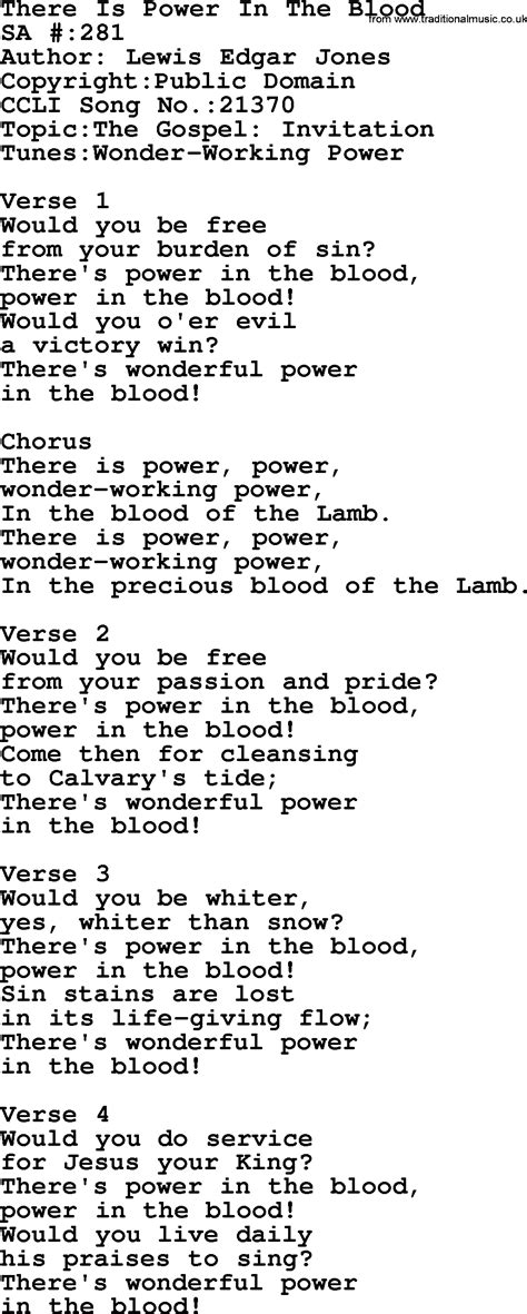 Salvation Army Hymnal Song There Is Power In The Blood With Lyrics