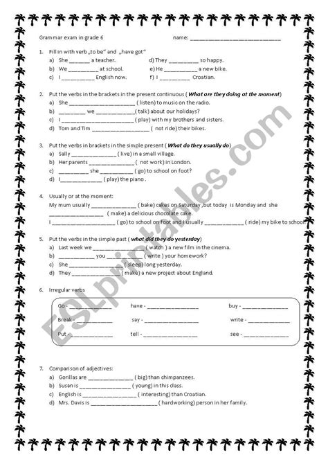 Grammar Exam In Grade 6 Esl Worksheet By Mako5