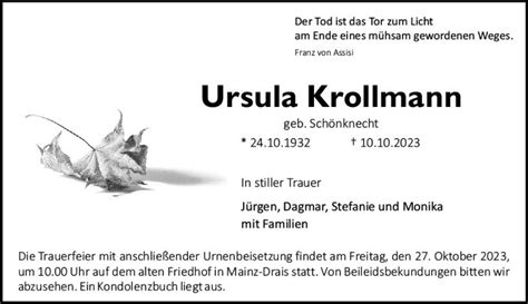 Traueranzeigen Von Ursula Krollmann Vrm Trauer De