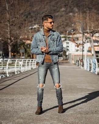 Graue Enge Jeans Mit Destroyed Effekten Kombinieren Herren