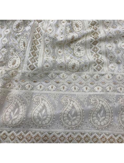 White Lucknowi Chikan Embroidery Georgette Fabric With Border Dyeable