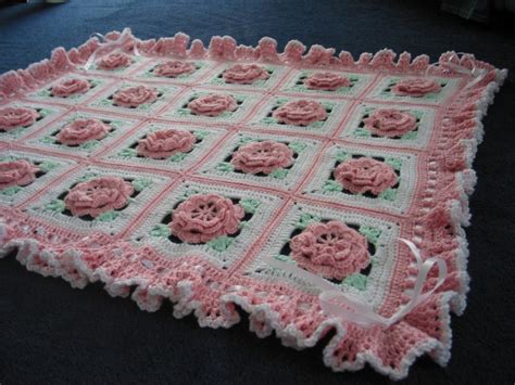 Pink Roses and Ruffles Crochet Blanket Throw Afghan Ready to