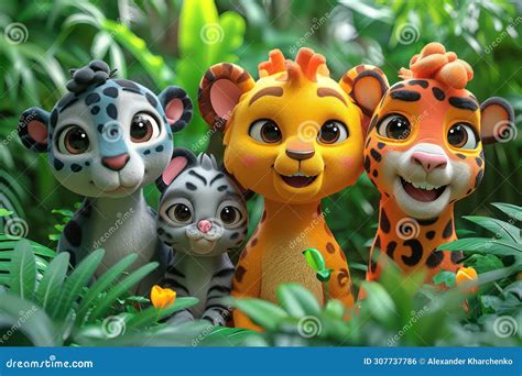 Cute Cartoon Wild Animals In The Jungle Extreme Closeup Generative Ai