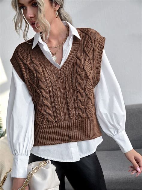 Cable Knit Sweater Vest Without Blouse In 2021 Vest Outfits For Women Knit Vest Outfit