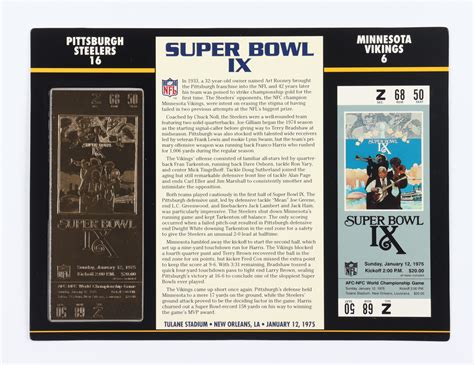 Super Bowl IX Commemorative 9x12 Score Card Display with 23kt Gold ...