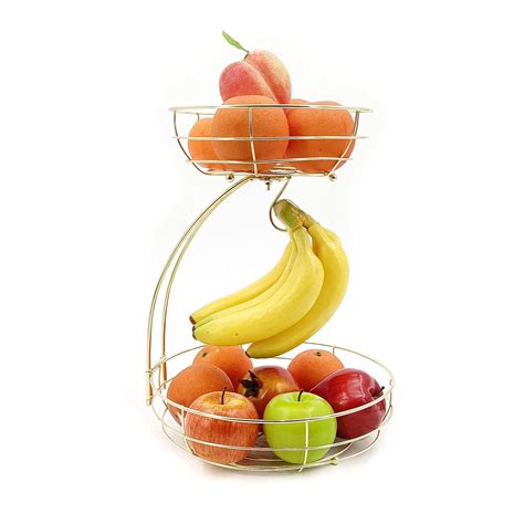 Custom Metal Wire Detachable Gold Tier Fruit Basket With Banana