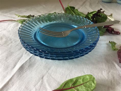 Vintage Blue Glass Salad Plates, Set of 4 Vintage Glassware, Salad ...