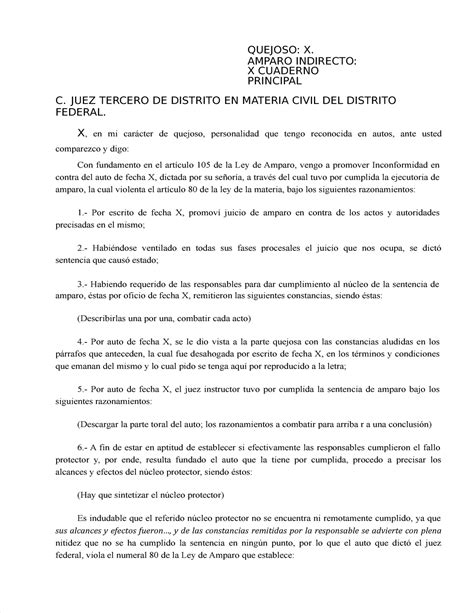 Modelo De Inconformidad En El Juicio De Amparo Quejoso X Amparo Indirecto X Cuaderno