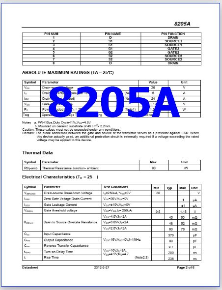 8205A PDF Datasheet - 20V, 6A, Dual N-Channel MOSFET