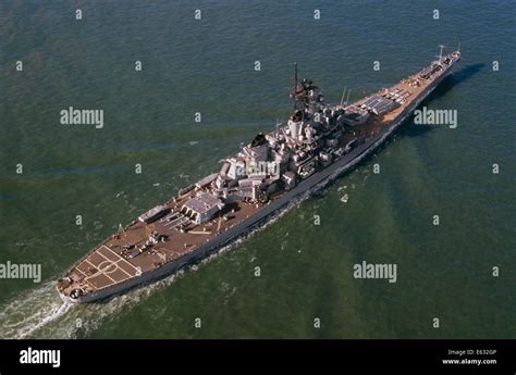 1980s Aerial View Of The Navy Uss Missouri Battleship At Sea Stock