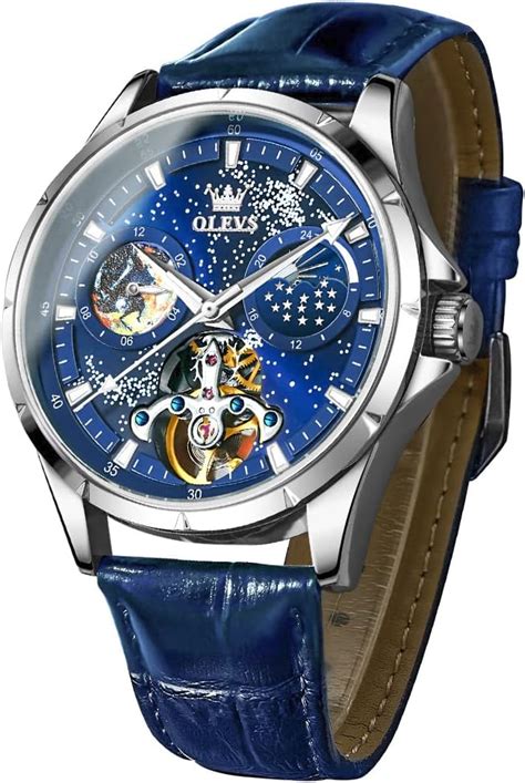 Olevs Herren Automatikuhr Blauer Sternenhimmel Skelett Tourbillon