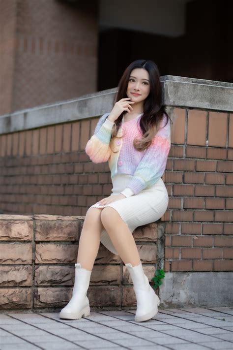 Asian Brunette Girl Sitting Legs Skirt Sweater Rare