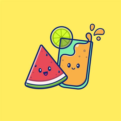 Cute Lemon Juice With Cute Watermelon Cartoon Vector Icon Illustration