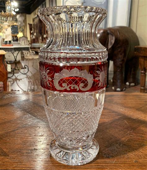 Midcentury French Cut Glass Vase With Red Floral Motifs Saint Louis Style Country French Interiors