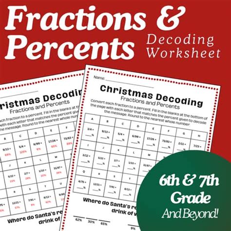 Christmas Decoding Self-Checking Worksheet - Converting Fractions to Percents