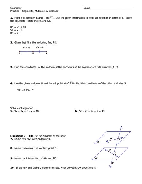 Distance Formula Worksheet Geometry E