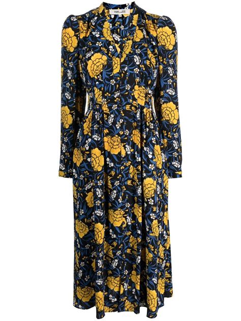 Dvf Diane Von Furstenberg Floral Print V Neck Midi Dress Black