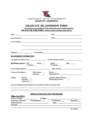 Fillable Online Latech GRADUATE RE ADMISSION FORM Louisiana Tech