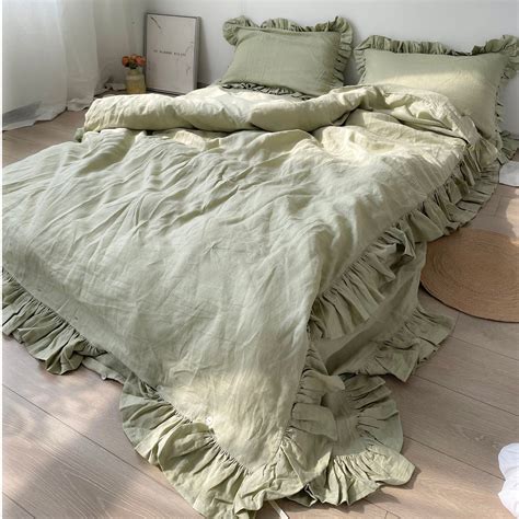 Set Of 3 Sage Green Ruffled Linen Duvet Cover With 2 Pillowcases