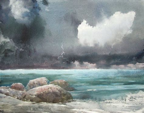 Watercolor Painting of Trees and Ice at Sunset