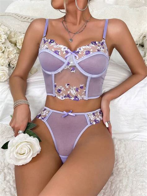 Floral Embroidery Mesh Underwire Lingerie Set Shein Usa