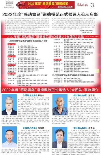 青岛晚报数字报 2022年度“感动青岛”道德模范正式候选人（含团队）名单