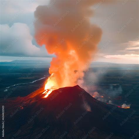 Aerial Panoramic View Of Volcano Eruption Litli Hr Tur Hill