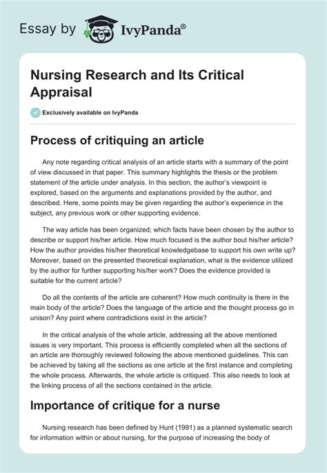 Nursing Research And Its Critical Appraisal 1993 Words Critical