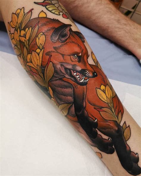 Large Fox Tattoo Done On The Shin Neotraditional